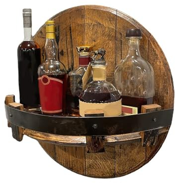 lulalula Portabottiglie da parete in legno fatto a mano, scaffale per botte di whisky bourbon, scaffale da parete per 7 bottiglie di vino, mensola rotonda da parete decorazione per wine bar e