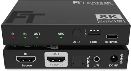 FeinTech AX210 HDMI 2.1 Audio Extractor 4K 120Hz 8K VRR ALLM, HDMI Out + Audio (Optisch Toslink 5.1 + AUX Stereo), CEC-Pass und ARC Unterstützung von TV zu Soundsystem