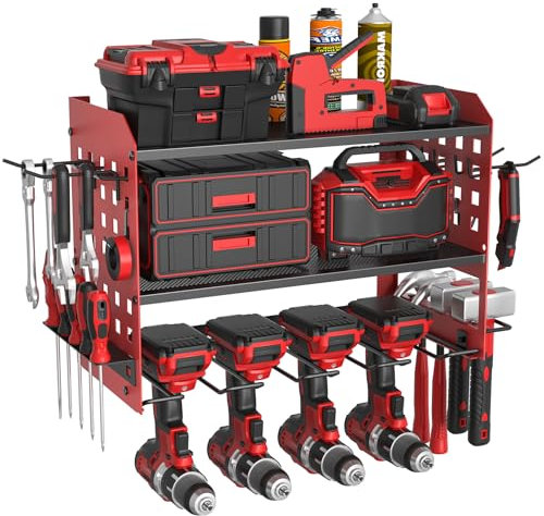 Yeabett 3 Ebenen Werkzeug Wandhalterung, Werkzeugspeicher Aufbewahrung für 4 Elektrowerkzeug, Werkzeug Wandhalterung für Garage, Werkstatt, 42.5 * 20 * 31cm (Rot)