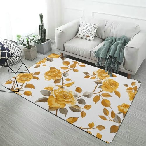 Area Rugs Teppich für Wohnzimmer, Vintage, Wohnzimmer, rutschfest, Schlafzimmerteppich, Heimdekoration, waschbar, Eingangsbereich, Esszimmer, Bauernhaus, 99 x 150 cm, Senfgelb