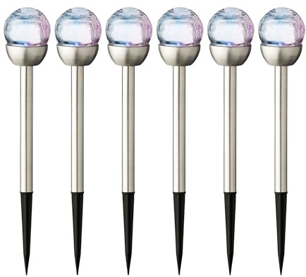 LED Solar Außenleuchte 24cm Edelstahl mit Farbwechsel 6er Set - Solarleuchte Gartenlicht zum Stecken - 6 Stück Glas Crackle Ball Solar Pfahl Lichter Farbwechsel LED Dekorative Weg Pfosten Lichter