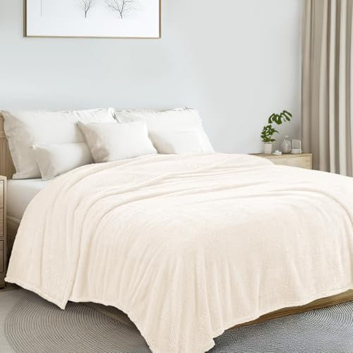 Exclusivo Mezcla Double Size Flannel Fleece Blanket, Super Soft Velvet Plush Blanket for Bed, Fuzzy Cozy and Warm for All Seasons, 150x200 CM, Ivory