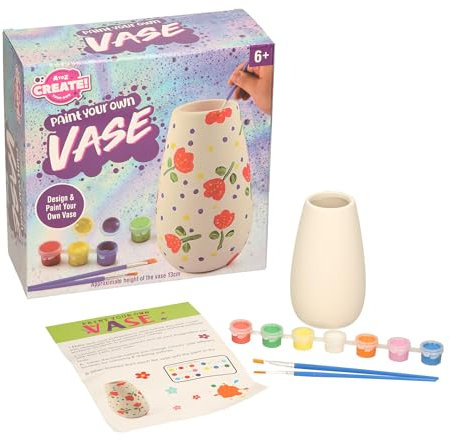 Paint Your Own Vase Craft Kit, 13cm Ceramic Vase with 8 Paint Colours and Brushes, Ages 6+