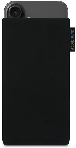 Adore June Classic Schwarz Tasche kompatibel mit iPhone 16e / iPhone 16 Handytasche aus widerstandsfähigem Cordura Stoff mit Display Reinigungs-Effekt