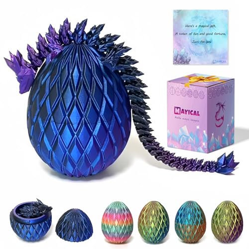 MAYICAL 3D Printed Dragon Egg - 12Inch Dragon in Gemstone Egg with Gift Box & Card, 3D Printed Animals Fidget Toys, Executive Desk Pet, Figurine Decor (BlackBluePurple)