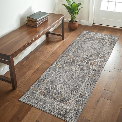 GENIMO Boho Läufer Teppich Flur 80x200cm Waschbar Vintage Teppich No-Slip Kurzflor Teppiche für Waschküche Küche, Grau