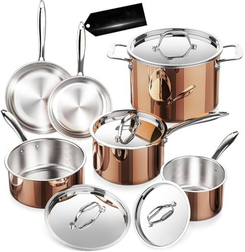 HJZSZX Copper Pots and Pans Set with Stainless Steel Lid Induction Cookware Set Include Stock Pot Saucepan Frying Pan,Copper SS 10 PC,One