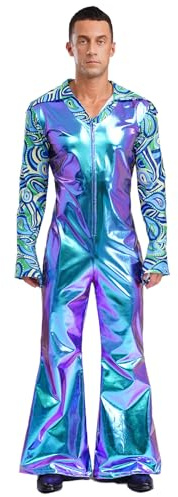 Fldy Herren Metallic Jumpsuit Glitzer 70er 80er Jahre Hippie Disco Outfit Overall Mit Schlag Festival Party Fasching Clubwear A_Blau XL