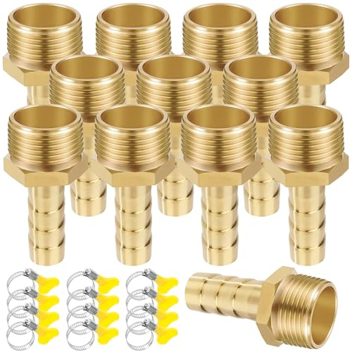 12PCS Raccord Cannelé Laiton Tube Barbelé Droit, 10mm x G1/2 Mâle Filetage Tuyau Coupleur Connecteur Adaptateur avec Acier Inoxydable Tube Pince