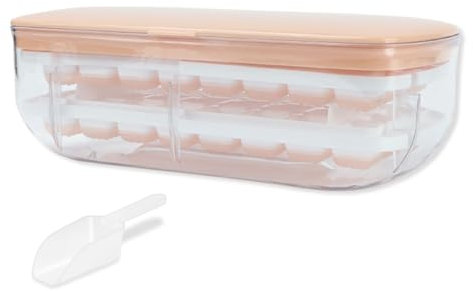 Ice Cube Tray, Ice Cube Moulds with Lid, Ice Tray with Storage Bin - Making 64 pcs Ice Cubes, Easy Press to Release Ice - 2 Trays 1 Ice Bucket & Scoop for Freezer, Cocktail, Whiskey, Coffee (Pink)