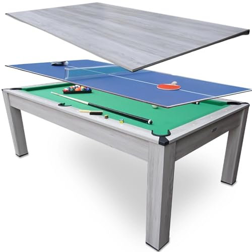 DEVESSPORT - Mesa de Billar y Ping Pong Convertible 3 en 1 | Mesa Multijuego con Tapa para Comedor, Accesorios Incluidos, Diseño Moderno en Madera Roble