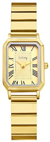 JewelryWe Damenuhr Kleine Rechteckige Uhren: Vintage Römische Ziffern Analog Quarz Armbanduhr mit Gold Schmalem Edelstahlarmband Luxus Elegante Uhr für Damen Frauen