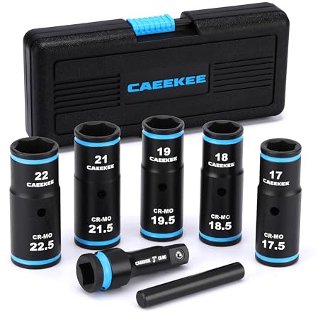 CaeeKee 1/2 Drive Lug Nut Impact Socket Set, 7PCS Thin Wall Flip Socket Set, Half Size Metric Wheel Socket Set,17.5mm, 18.5mm, 19.5mm, 21.5mm, 22.5mm, 6 Point, CR-MO, 3 Extension Bar & Knockout Bar