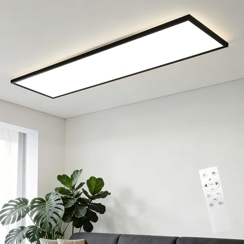 CBJKTX LED Panel 120x30 Deckenleuchte Dimmbar Deckenpanel Lang | Deckenlampe Fernbedienung Flach Bürolampe Decke 40W Küchenlampe Schwarz Tageslichtlampe Büro Werkstatt Flur Küche Wohnzimmer