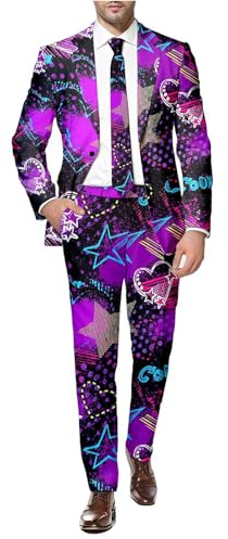 Duohropke Vestito da uomo per San Valentino, 2 pezzi, slim fit, costume da uomo, divertente per feste, per San Valentino, elegante blazer e stampa a cuore, elegante abito da sposa, Lilla, 3XL