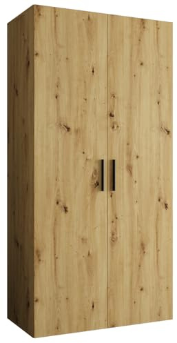 MEBLE KRYSPOL - Kleiderschrank - Garderobenschrank - 100 cm x 202 x 52 cm - Schrank mit Kleiderstange, 2 Türen - für Schlafzimmer, Flur - BARI, Artisan-Eiche, Griff Schwarz