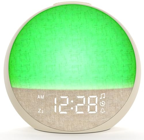 APUZOM Wecker mit 30 natürlichen Geräuschen, Helligkeit verstellbar, 12/24 Stunden, Sonnenaufgangswecker Lichtwecker mit 7 Wecktöne, 30 Naturgeräusche, Timer, Snooze, Nachttischlampe