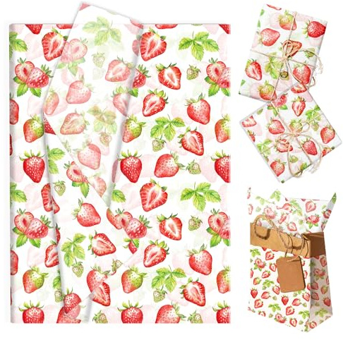 50 Blatt Seidenpapier mit Erdbeerfrucht Geschenkpapier Seidenpapier für Geburtstag Babyparty Hochzeit Valentinstag Taufe Kommunion Geschenkverpackung DIY Bastelbedarf,50x35cm