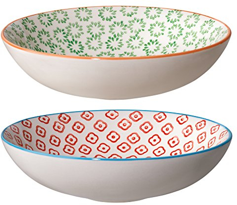 Bloomingville Schalen Emma Retro Suppenschale Suppenteller tiefer Teller Vintage ø 19 cm, grün rot, Keramik, 2er Set, fasst ca. 550 ml