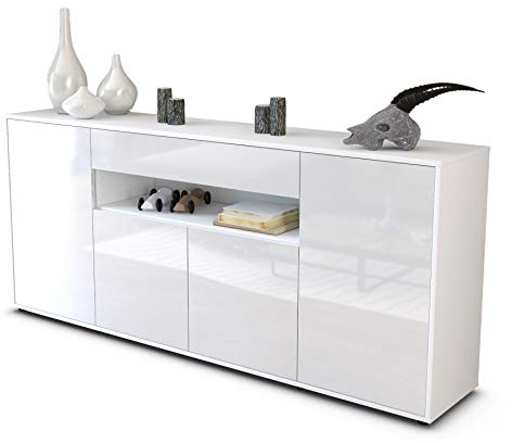 Stil.Zeit Sideboard Fiorella, Korpus Weiss matt, Front Hochglanz Weiß (180x79x35cm) Push-to-Open Technik & Leichtlaufschienen