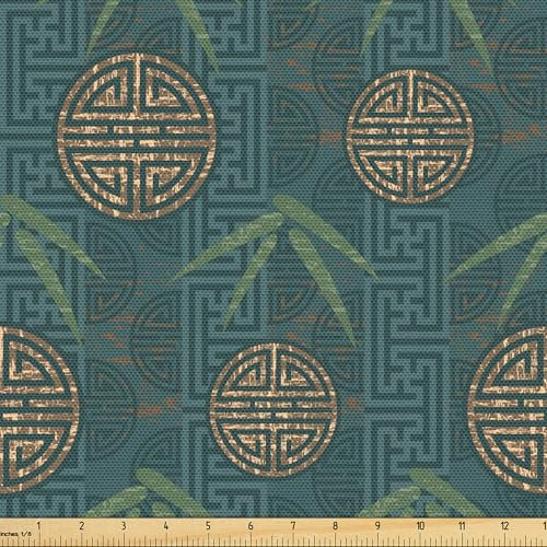 ABAKUHAUS Bambus Stoff als Meterware, Authentische asiatische Motive, Qualitäts Stoff Dekorativer Polster Heimtextilienstoff, 2M (148x200cm),Elfenbein Teal Tan