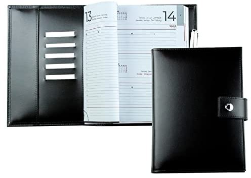 DELMON VARONE - Personalisierbarer Buch-Kalender DIN A5 2025 + 2026 Cambridge Top Grain Leder Schwarz - Terminplaner Organizer 1 Tag 1 Seite - Taschenkalender Druckknopf Stiftschlaufe & Einschubfächer