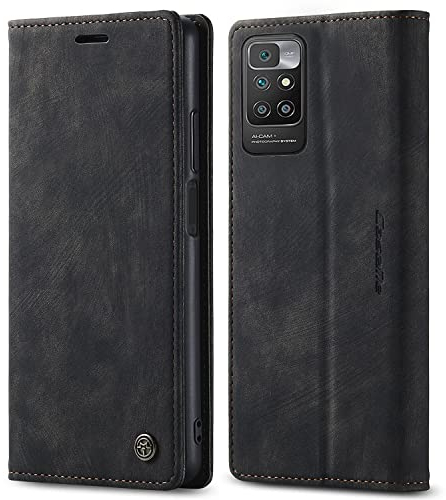 PaceBid Hülle Kompatibel mit Xiaomi Redmi 10, Retro Luxus Leder Brieftasche Stoßfeste Schutzhülle mit Kartenfächer, Magnetisches Flip Handyhülle für Xiaomi Redmi 10 -Schwarz