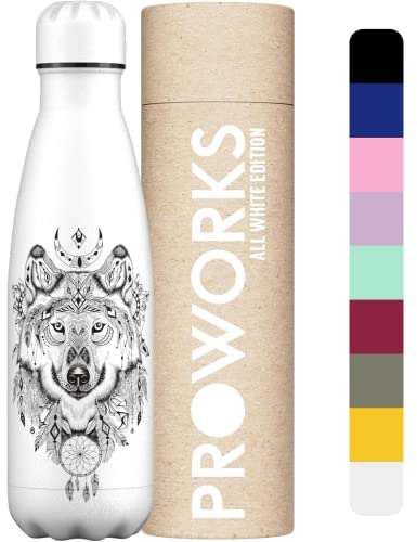 PROWORKS Bouteille d'eau Isotherme, sans BPA, Gourde INOX Reutilisable pour Maintien Chaud de 12 Heures & du Froid Jusqu’à 24 Heures, Sport, Gym, Voyage - 500ml - Tout Blanc - Loup Aztèque