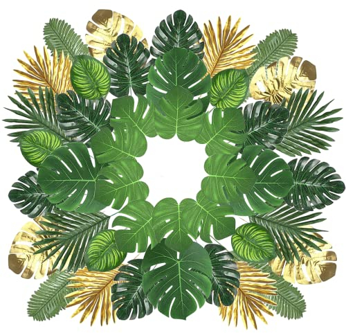 VOHESEA Lot de 102 Feuilles de Palmier artificielles décoratives - Plante Tropicale - Feuilles de Palmier - Feuilles de Monstres - Plante de Palmier - pour Luau hawaïen - Plage - Décoration de Table