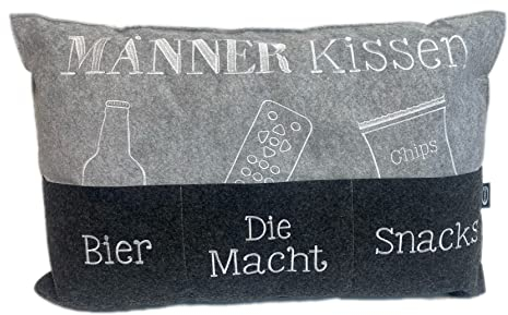 BUSDUGA 2884 Männerkissen 57x37cm Männer Kissen mit Taschen für Bier, Die Macht und Snacks Grau