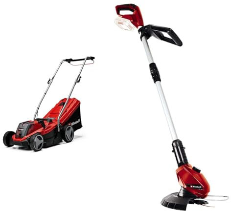 Einhell Tondeuse à gazon sans fil GE-CM 18/33 Li Kit Power X-Change (18V, Largeur de Coupe 33cm, Surface conseillée 200 m²) avec Batterie 4,0 Ah et Chargeur + Coupe-bordures sans fil GE-CT 18 Li
