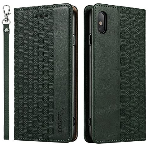 LOLFZ Case for iPhone XS Max, Leather Flip Wallet Case Card Slots Kickstand Wrist Strap Protective Magnetic Phone Case Cover for Apple iPhone XS Max - Green