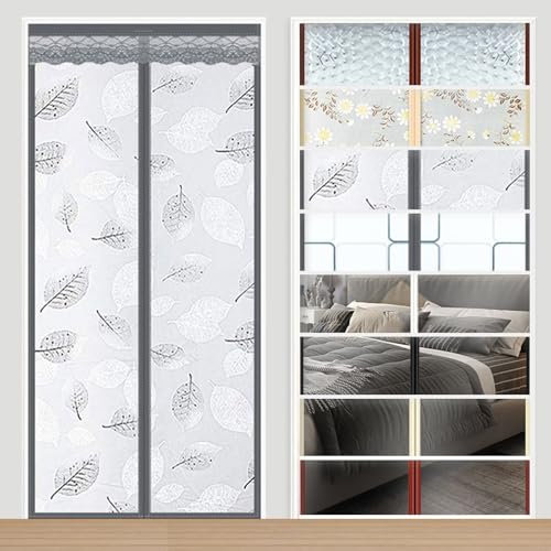 Türvorhang thermo kälteschutz filz wärmeschutzvorhang tür mit kräuselband magnet thermovorhang kälteschutz hitzeschutz haustür für türen Balkontür Wohnzimmer 90x190cm Graue Blätter