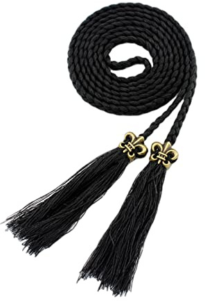 FAIRYGATE Black Tassel Belt Rope Belt Waist Beads Thin Goddess Skinny Woven Belts for Dress Wedding Party Dance Show A1314