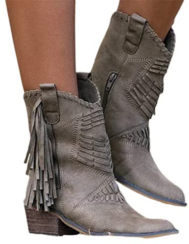 OMEARK Damen Western Cowgirl Fransen Stiefel, Vintage Runde Zehe Wildleder Klotz Ferse Quaste Kurze Booties, Winter Warmes Futter Breite Wade Reitstiefel,Grau,39