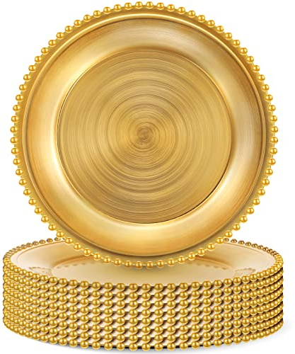 24 Stück goldene Ladegerät-Teller, 33 cm, runde Kunststoff-Ladegeräte, Speiseteller für Tischdekoration, metallischer Glanz, Perlenrand, Ladegeräte für Abendessen, Veranstaltungen, Tischdekoration
