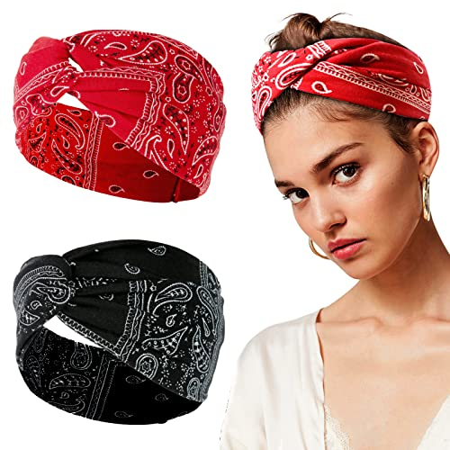 BETESSIN 2Stk. Boho Haarband Damen Stirnband Breit Paisley Haarreif Sommer Elastisch Kopfband mit Knoten Böhmisch Haarschmuck Haartücher für Yoga Sport Fitness Alltag