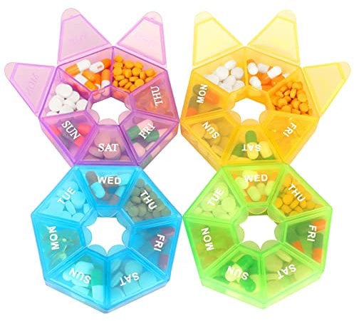 4 Stück Tablettenbox 7 Tage Klein, Pillendose Rund, 4 Farben Tragbare Medikamentenbox, Tabletten Wochenbox Pillenbox für ür Vitamin- und Medikamente Aufbewahrung