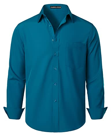 PARKLEES Men's Regular Fit Dress Shirt Solid Wrinkle-Free Long Sleeve Casual Business Button Up Shirts with Pocket PZSSCL05-Teal L
