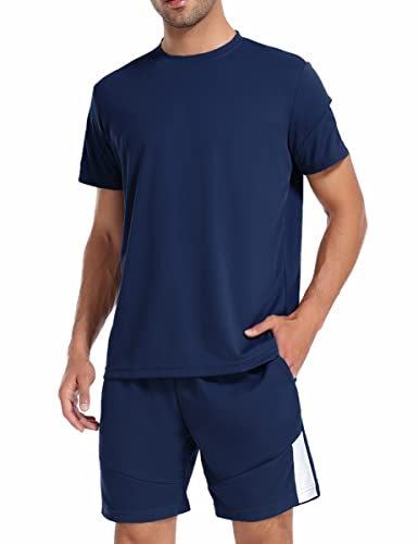 Litherday Jogginganzug Herren Activewear Sport Set Herren Sportanzug Trikot mit Sporthose Kurz Für Fitness Basketball A-Dunkelblau XL