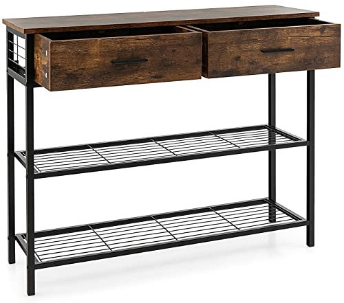 GIANTEX Tavolo Consolle di Ingresso Industriale, Console Mobile a 2 Livelli in Maglia con 2 Cassetti di Conservazione, per Ingresso, Soggiorno, Corridoio, 2 Colori