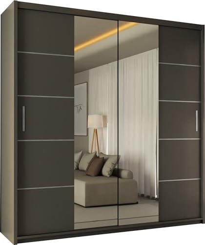SLIDING WARDROBE 4U Winnipeg Double Door Sliding Mirror Wardrobe with Adjustable Shelves and Hanging Rails (Grey, 120cm)