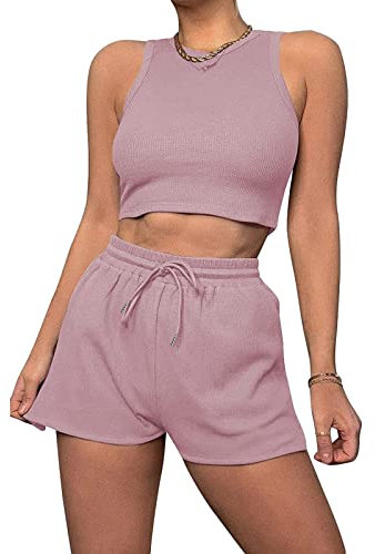 Geagodelia Damen Zweiteiler Sommer Hosenanzug Elegant Outfits Kleidung 2 Teiler Set Crop Tank Top + Shorts Y2k Aesthetic Clothes Workout Sport Anzug (B - Pink, M)