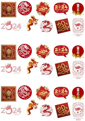 Lot de 24 décorations de gâteaux en papier comestible sur le thème du Nouvel An chinois 2025 Année du serpent