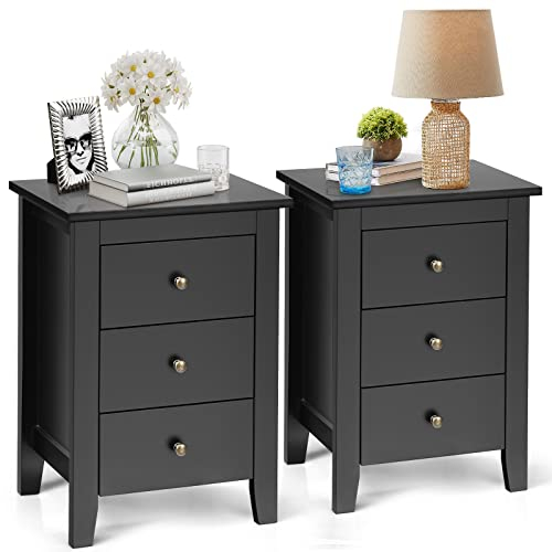 GOPLUS Nachttisch 2er Set, Nachtschrank mit 3 Schubladen, Moderne Nachtkommode aus Holz mit Griff, Beistelltisch Schubladenschrank für Boxspringbett, Schlafzimmer & Wohnzimmer, 46×37×65cm, Schwarz