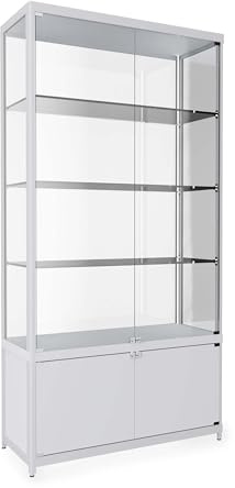 Glasvitrine mit Unterschrank inkl. LED-Beleuchtung B100 x H198 x T40 cm, Geschäftsvitrine graue Alu-Profile, Verkaufsvitrine ESG-Sicherheitsglas abschließbar, Showroom-Vitrine 4 Ebenen