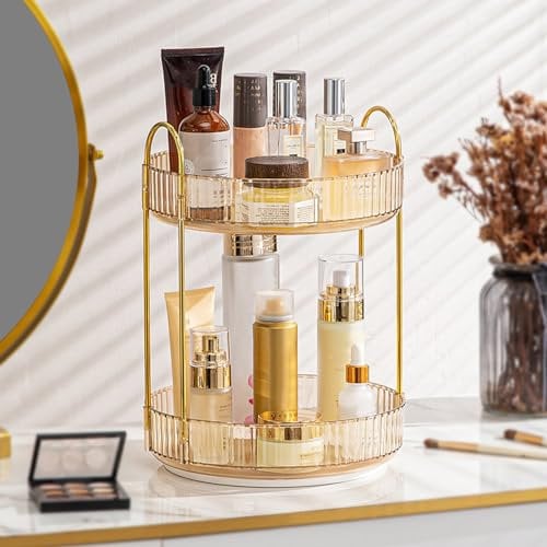 XLSBZ 2 Tier Makeup Organiser,360°Rotating Skincare Organizers Cosmetic Storage Rack Perfume Tidy Storage Shelf for Dresser, Bathroom, Bedroom (Gold)