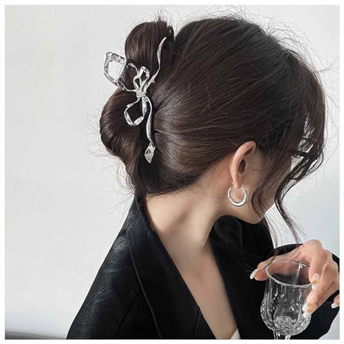 Dervivea Pince À Cheveux Minimaliste En Métal Avec Noeud Papillon Argenté Grande Barrette À Griffes Antidérapante Pinces À Cheveux Françaises Ornement Pince À Cheveux Bouclée Épaisse Accessoires De