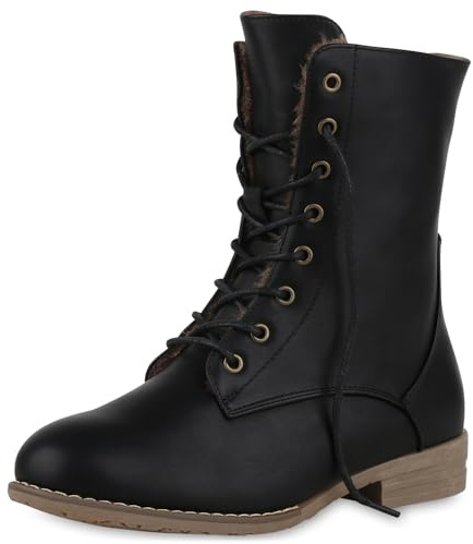 VAN HILL Warm Gefütterte Damen Schnürstiefeletten Leder-Optik Stiefeletten 611593 Schwarz 37