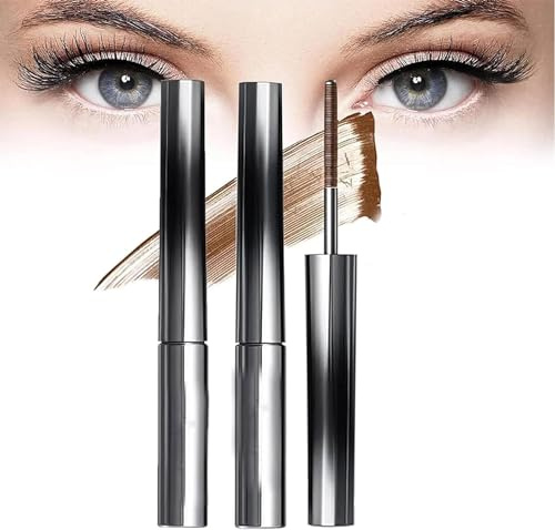 3D Curling Eyelash Iron Mascara, Iron Brush Mascara, Washable Extra Slim Metal Bristleless Mascara, Waterproof, Long Lasting, No Flaking, No Clumping (Brown-2Pcs)